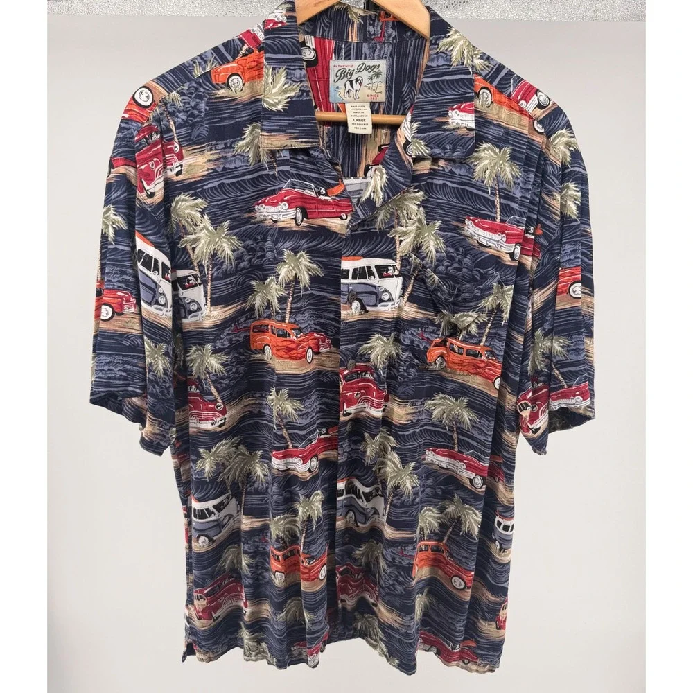 Vintage Big Dogs Hawaiian Shirt Mens Large Car Palm Tree Print Short Sleeve 0647